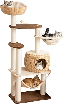 Modern Cat Tree for Large Cat, 56.7-Inch Tall Cat Tower with Scratching Post for Indoor Cats, Multi-Level Cat Condo with Hand-Woven Cat Bed and Hammock Acrylic Bowl Particleboard 56.7in