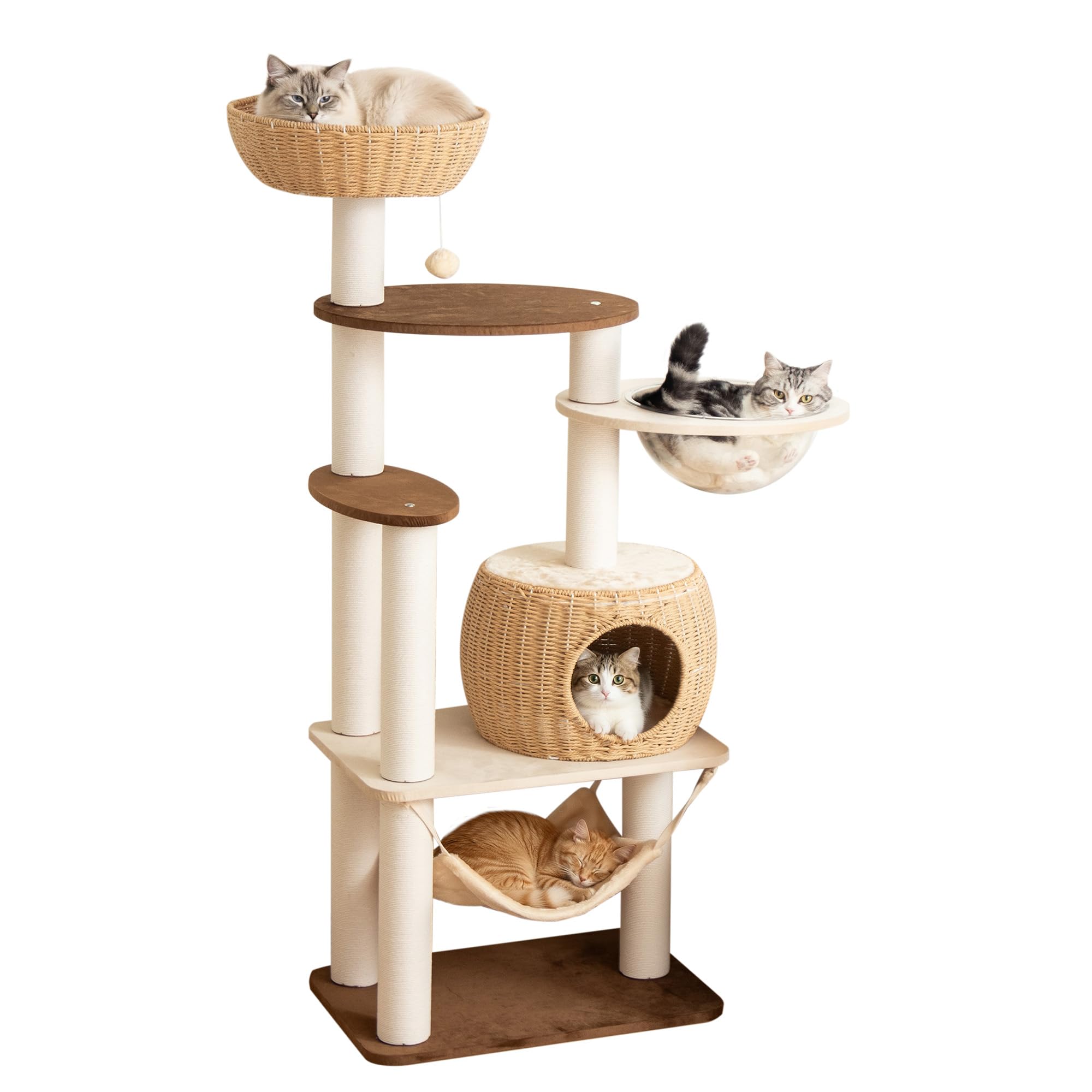PETTIFUL キャットタワー 据え置き 木製に生地張り 大型猫 シニア猫 成猫 子猫 高さ144cm おしゃれ ベルベット張り 手編みカゴ インテリア性 ラタン風 多頭飼い 猫ハウス 広い スリム 冬用 クッション付見晴台付き 猫タワー 宇宙船 クリアボウル 中型猫 爪研ぎ ハンモック 宇宙船 コットン紐 隠れ家 安定 運動不足解消 猫ベッド ストレス発散
