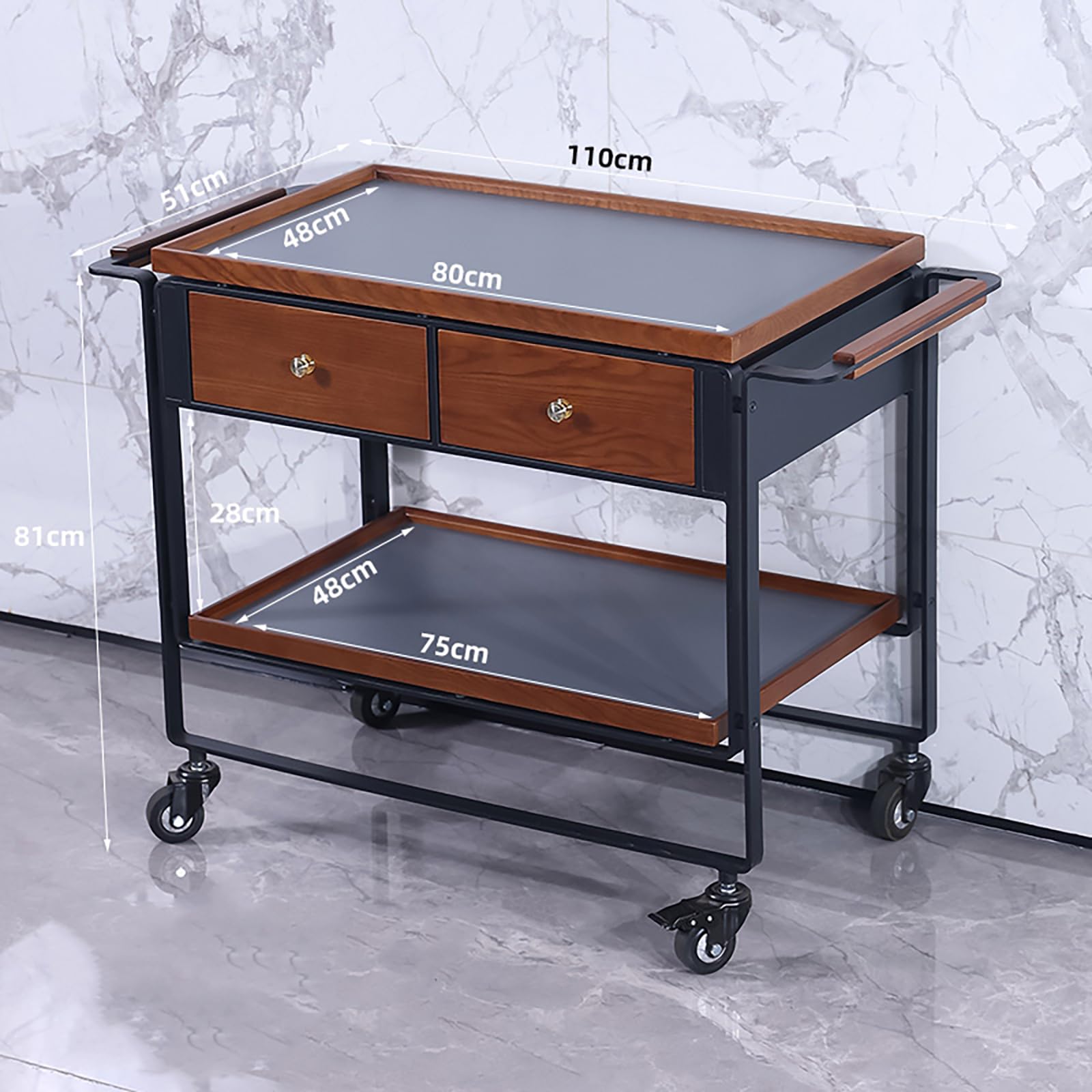 Robusto Carrello di Servizio in Legno Resistente con Ruote silenziose e scorrevoli bloccabili e Ampio cassetto, Carrello Multiuso Mobile Commerciale per Ristorante, Cucina, Ufficio, magazzin
