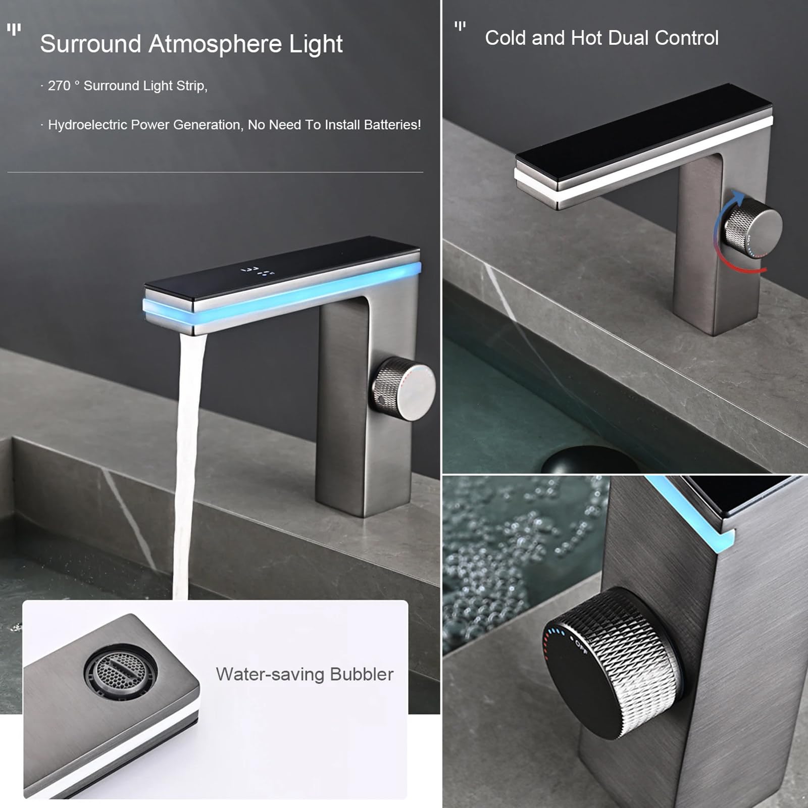 Grifo de baño con luz Ambiental LED y Pantalla Digital de Temperatura, Grifo Monomando para Lavabo de baño, Grifo Mezclador para Lavabo, Grifo para lavadero de Barra de RV