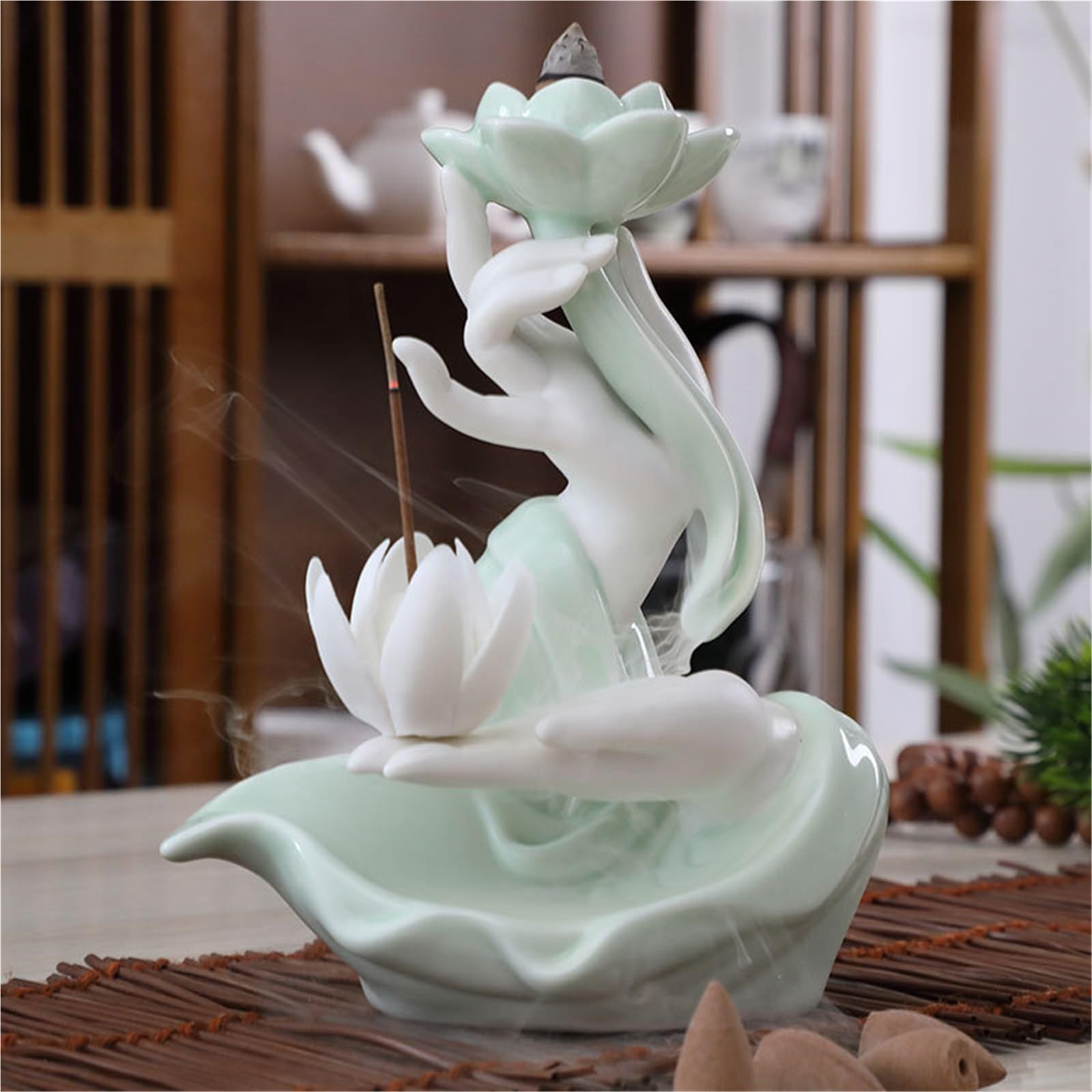 Quemador de incienso de reflujo, diseño de cascada de cerámica para ver el humo, ideal para aromaterapia y relajación