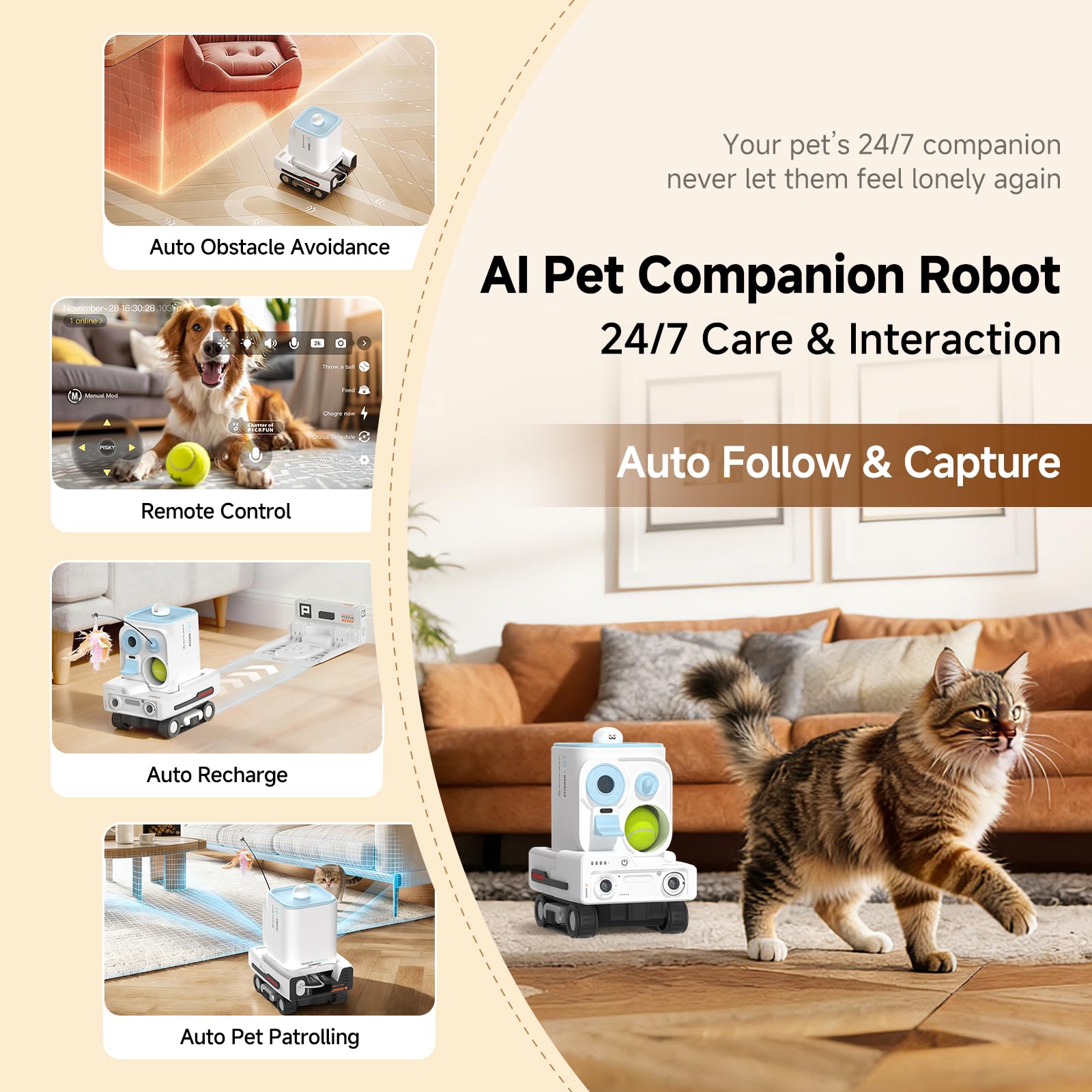 PMATE - Cámara de mascotas con movimiento automático para mascotas con seguimiento automático y patrulla, visión en vivo 2K, visión nocturna, conversación bidireccional y recarga automática