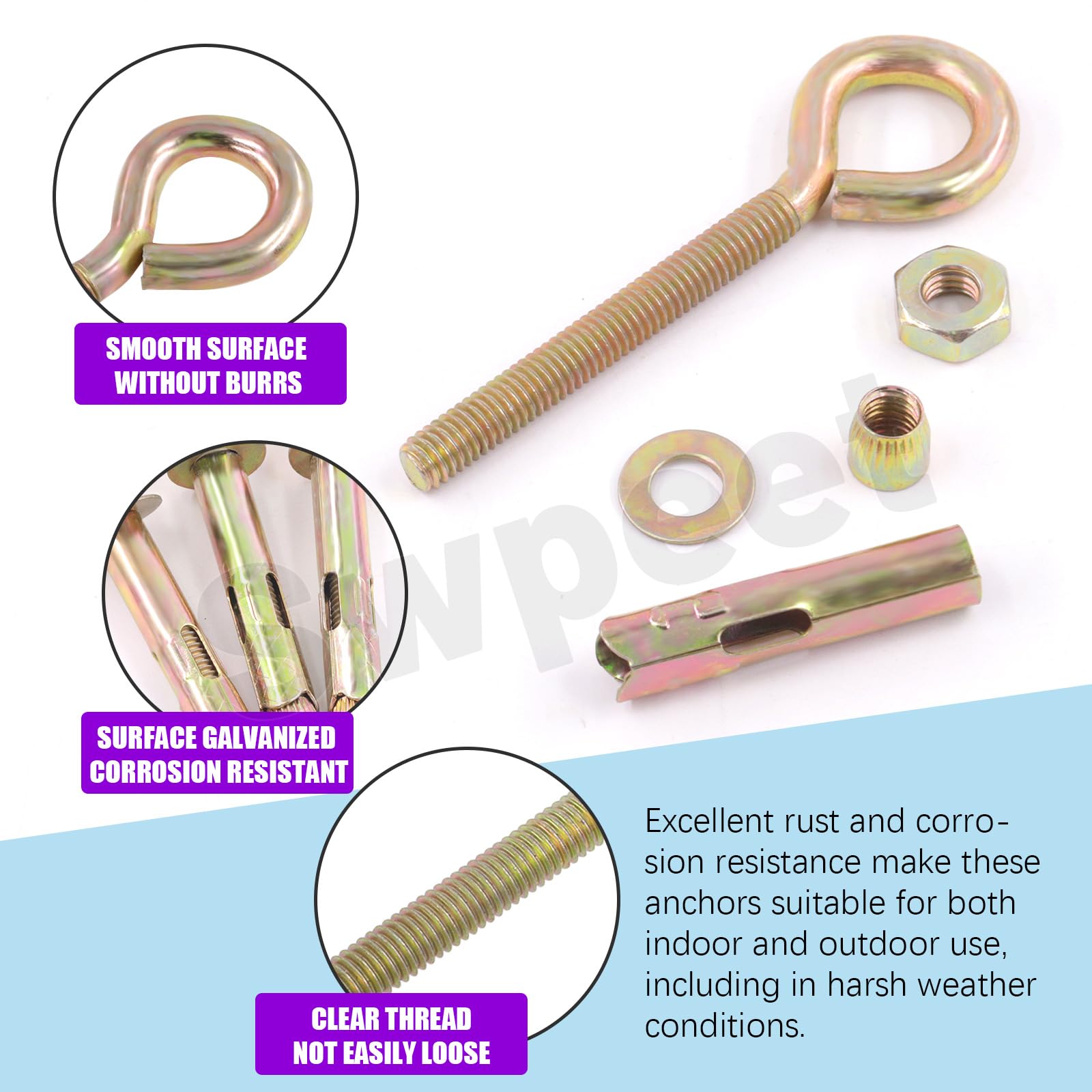 Swpeet 8Pcs M8 Thread Wall Concrete Brick Expansion Screws Closed Anchor Hook, Expansion Eyebolt Screws Bolts - Image 4