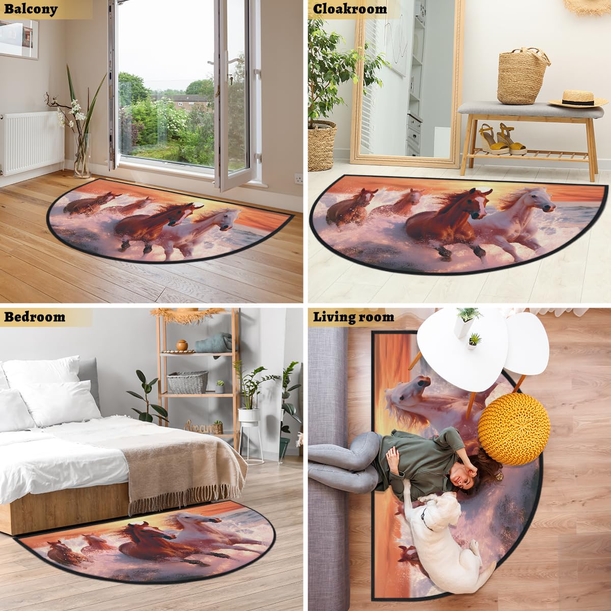 Mexpekil Paillasson demi-rond antidérapant lavable en demi-lune - Motif cheval - Coucher de soleil - Pour intérieur et extérieur - 100 x 160 cm