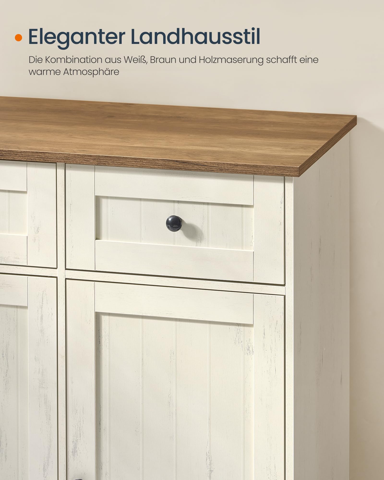 SONGMICS Home Sideboard, superschnelle werkzeuglose Montage, Toolless-Technologie, Küchenschrank mit Arbeitsplatte, Buffetschrank, verstellbare Ablagen, vintageweiß-honigbraun BBK376WJ02