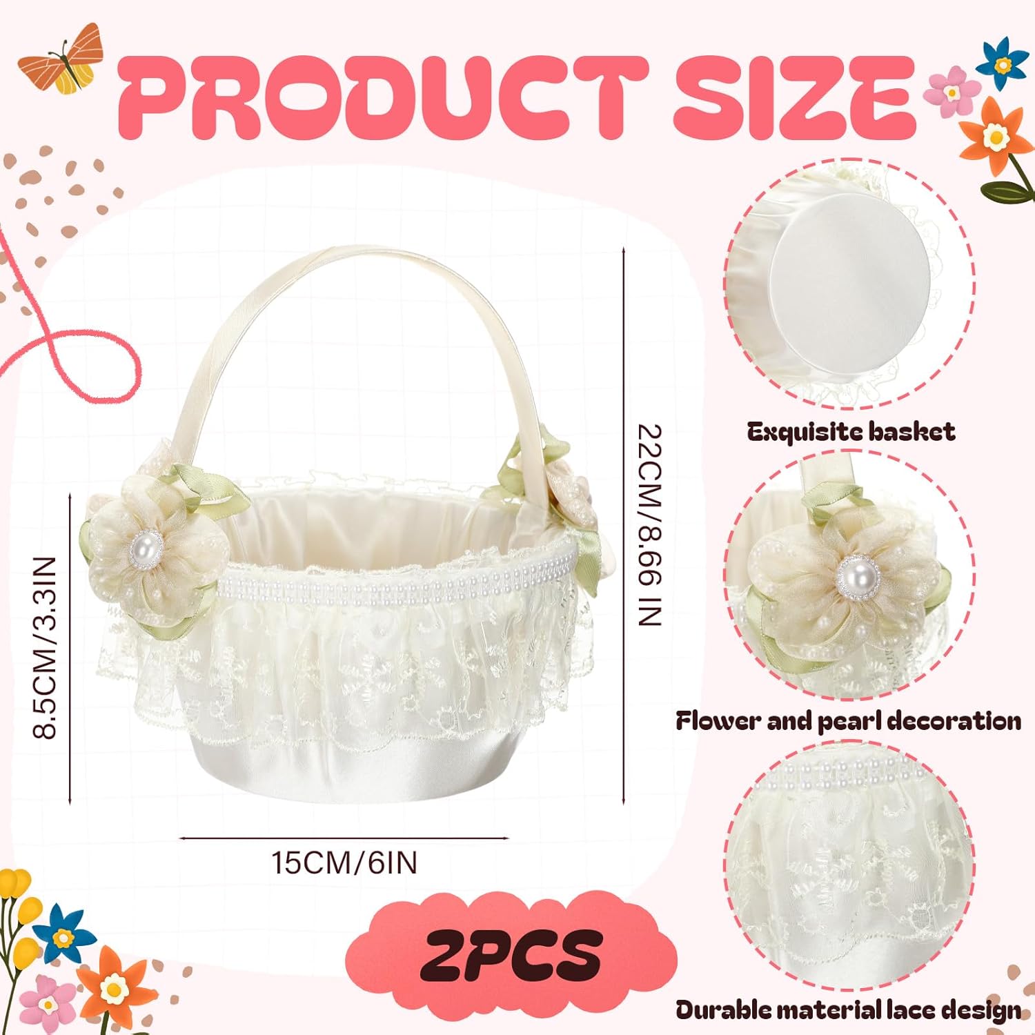 AceOrbit 2 Pcs Wedding Flower Girl Baskets with Satin Handle, White Lace Satin Pearls Baskets for Wedding Flower Girl Bride Ceremony Party Accessories