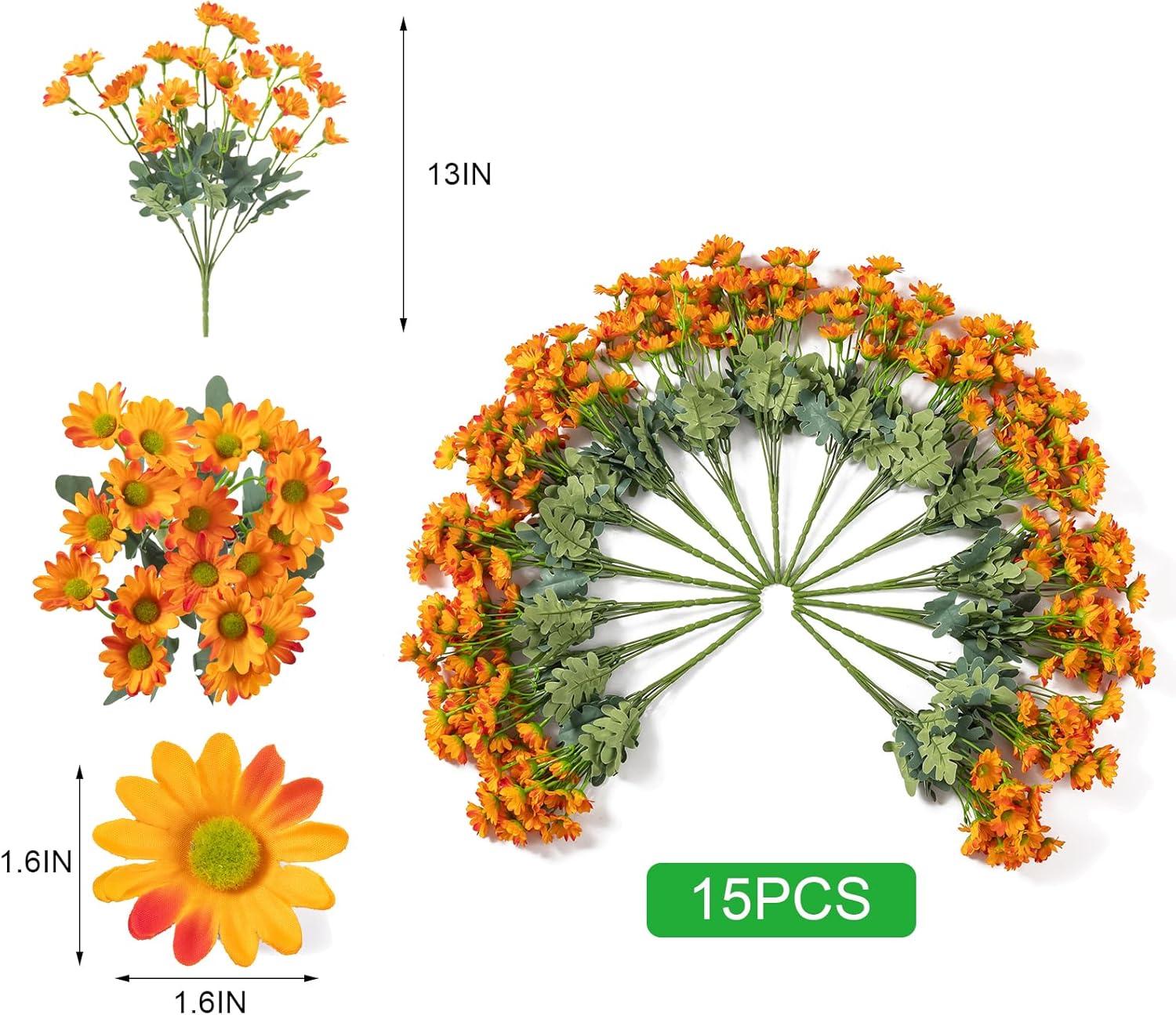 Artificial Fake Daisy Flowers, 15 Bundles Faux Silk Flores Eternas UV Resistant Realistic Flor de, Cempasuchil Artificial for Planters Porch Patio Outdoor Outside Spring Summer Decoration