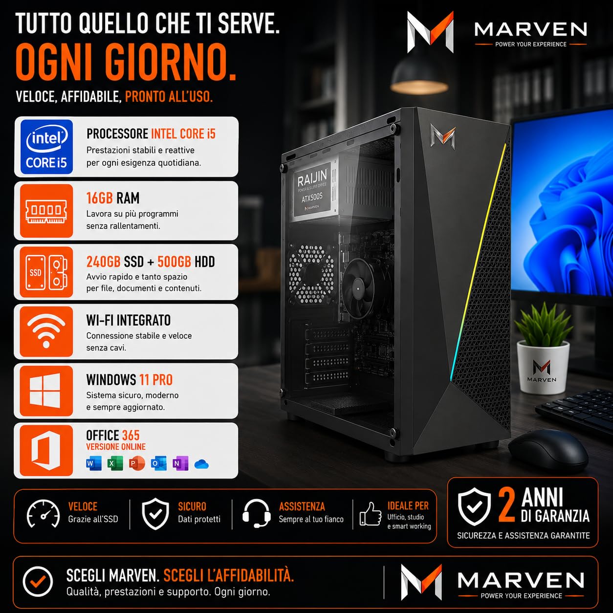 Computer Ufficio Professionale Pc Fisso Completo Nuovo con Intel Core i5 16 GB RAM - 240 GB SSD + 500 GB HDD, Wifi Windows 11 Pro Computer Fisso Pronto all'uso - PC Desktop All in One + Office