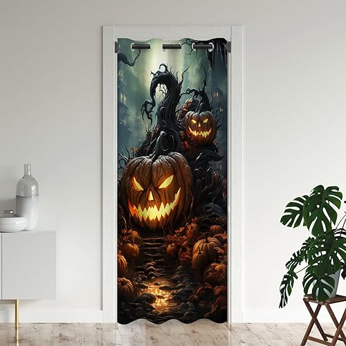 Miniatura 7 de Cortinas de puerta de Halloween para puertas, aterradoras y espeluznantes cortinas opacas de calabaza para armario de dormitorio de niños,