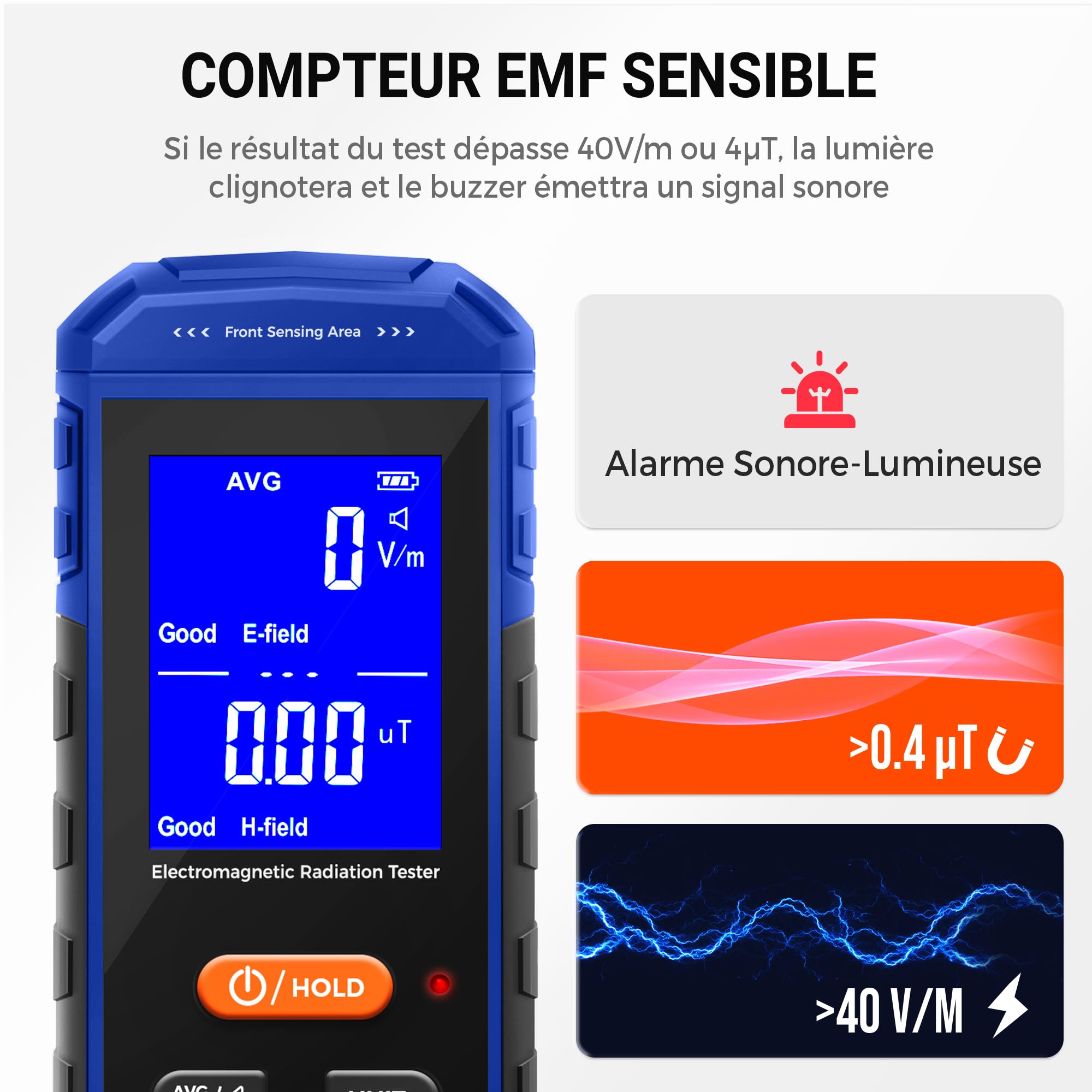 Détecteur EMF, Détecteur de Champ électromagnétique Portable avec écran LCD numérique, Adapté aux inspections EMF à Domicile et en extérieur et à la Chasse aux fantômes - Bleu