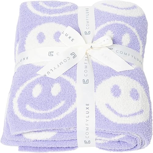 Miniatura 2 de Happy Face - Manta de punto reversible suave con patrón lindo de dos tonos, manta para niños, cálida y acogedora para el hogar, sofá (morado claro)
