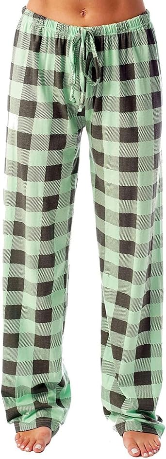 Womens Drawstring Plaid Long Pajama Pants, Casual Elastic Waist Checkered Sleepwear, Home Jogging Pants
