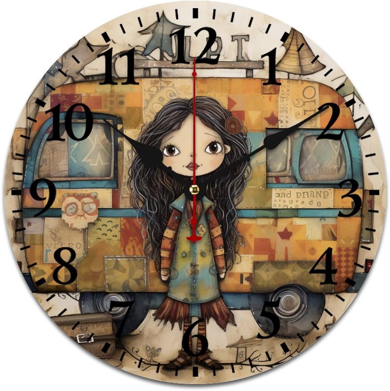 Wooden Wall Clock Retro Vintage Camper Round Wooden Hanging Clock Battery Operated Silent Noiseless Camping Camper Gifts Wood Clock 16 Inch Home Living Room Office Decoration