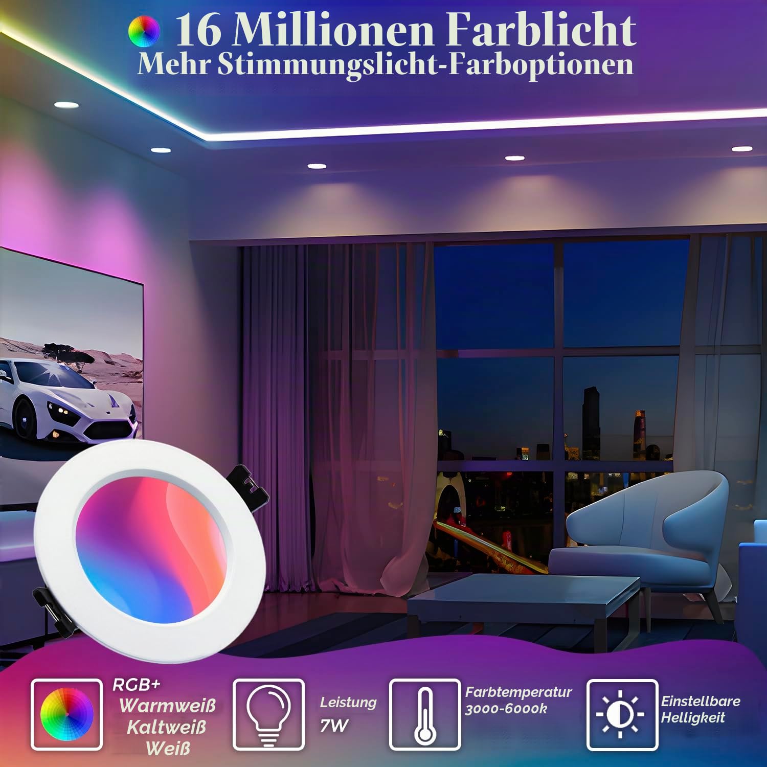 LED Einbaustrahler RGBW Smart LED Spots 230V Dimmbar APP Bluetooth Einbauspots warm und kaltweiss farbwechsel, 2700K-6000K, 8er Set 7W, Alu, IP44 Deckenspots für Badezimmer, Küche, Wohnzimmer