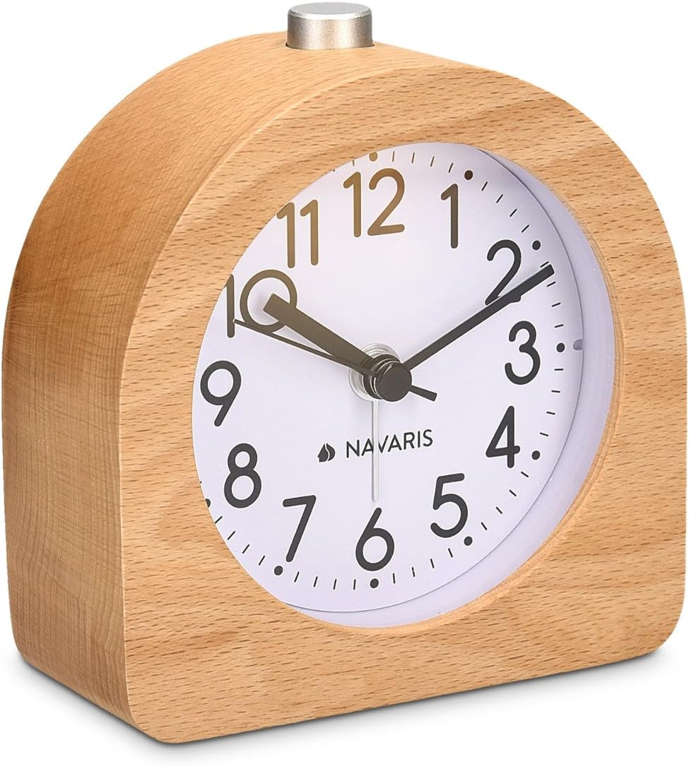 Navaris Wooden Bedside Alarm Clock - Analogue Table Clock w/Retro Design Snooze Function & Light - Natural Wood in Light Brown