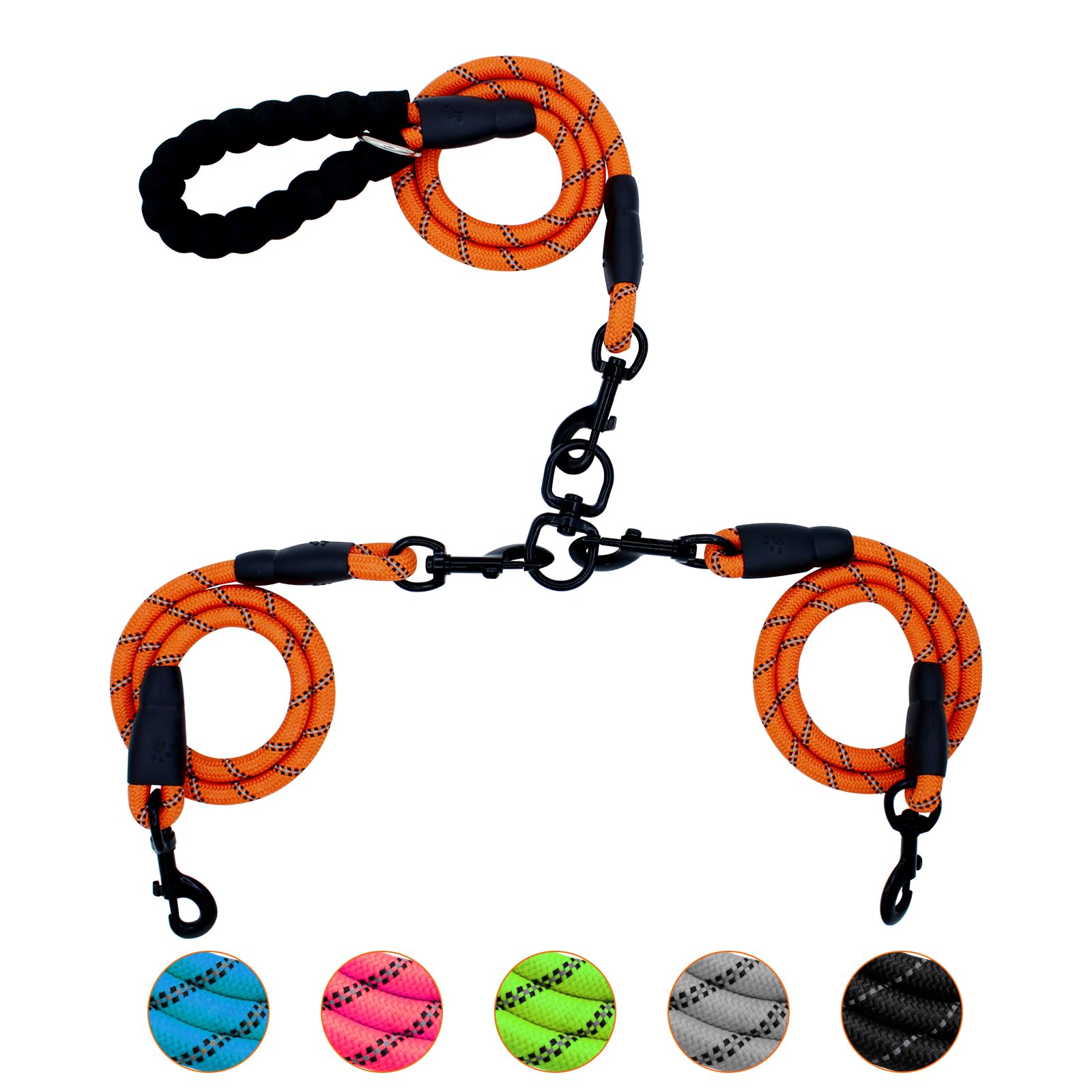 Dual Dog Leash - 2 Way, 360 Swivel No-Tangle Walking Leash for Dual Dogs, Orange Reflective Double Leash