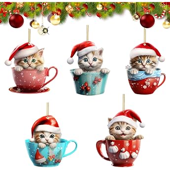 Pack of 5 Christmas Tree Cat Pendants Christmas Pendant Decoration Acrylic Pendant Christmas Christmas Tree Decoration for Christmas Party Christmas Tree Decoration