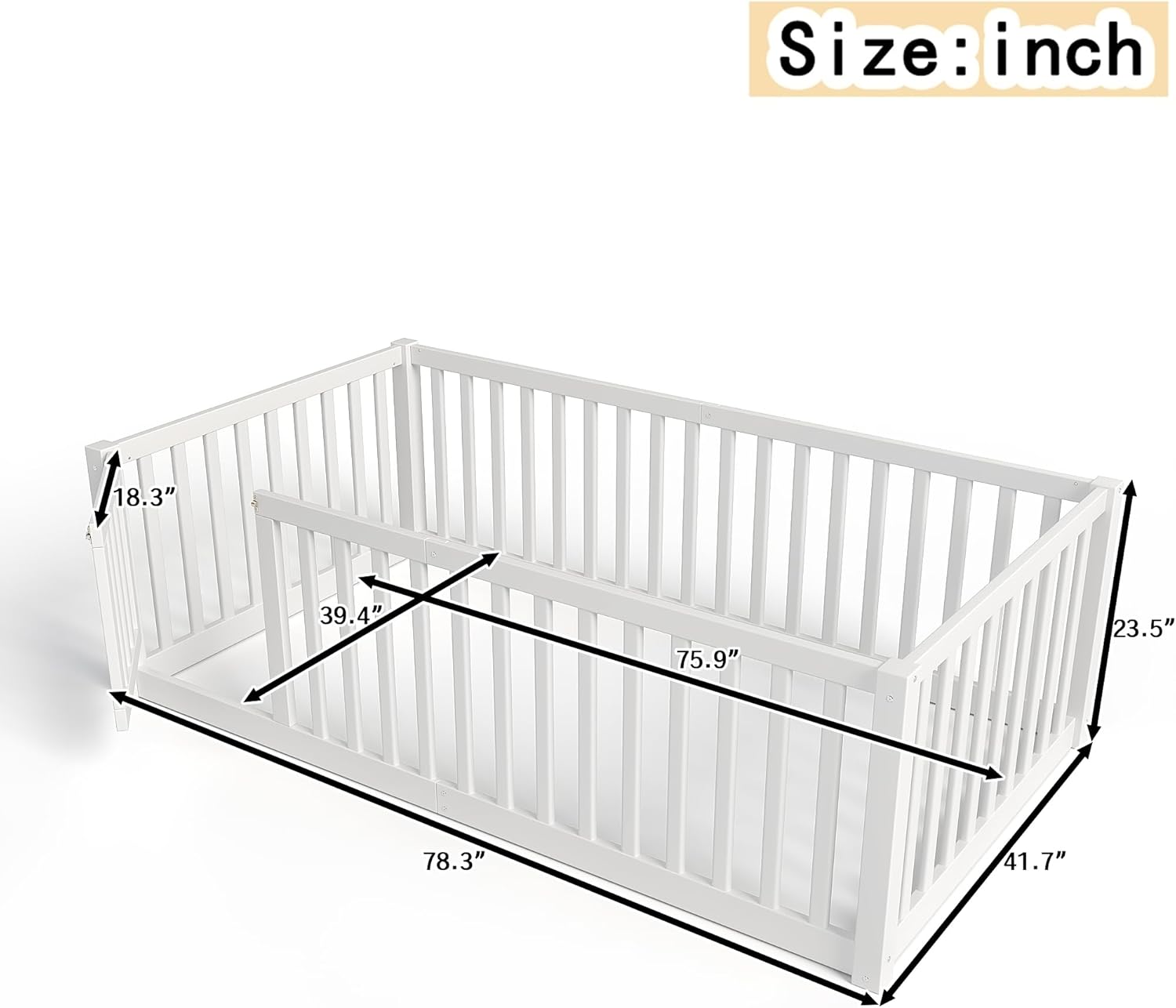 Bellemave Twin Floor Bed with Door and High Guardrail, Twin Size Montessori Floor Bed with Fence, Easy Assemble Montessori Beds for Girls, Boys, White