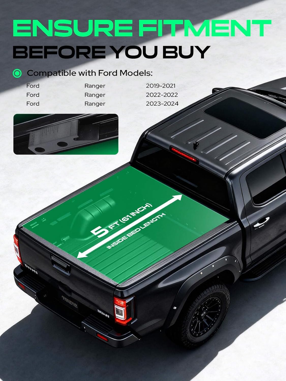 YHTAUTO Soft Roll Up Truck Bed Tonneau Cover | Auto Locking System | Compatible with 2019-2024 Ford Ranger 5' (61") Bed | All-Weather Waterproof