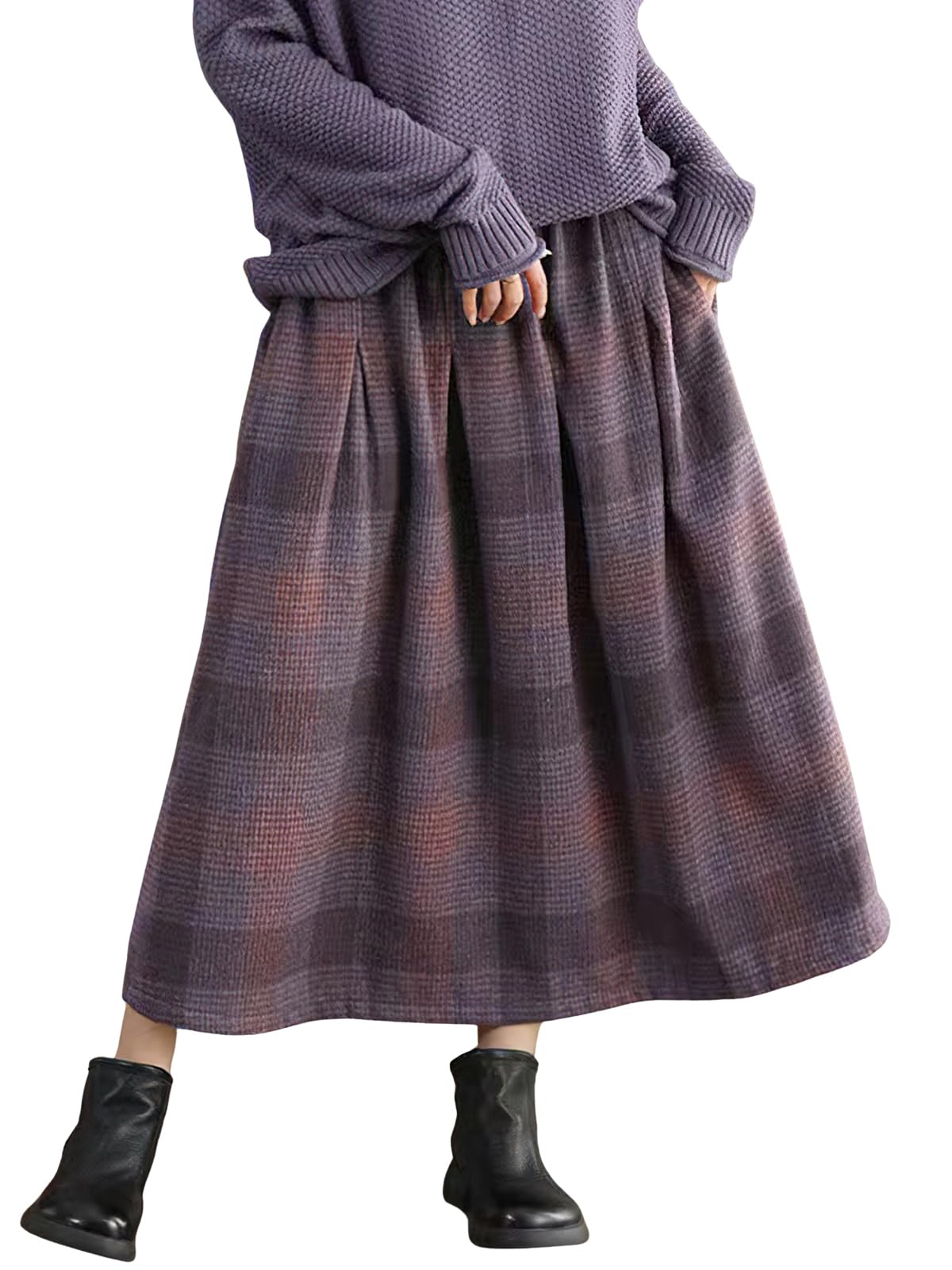 Womens Vintage Plaid Wool Skirt Warm High Elastic Waist A Line Pleated Tartan Midi Long Skirts