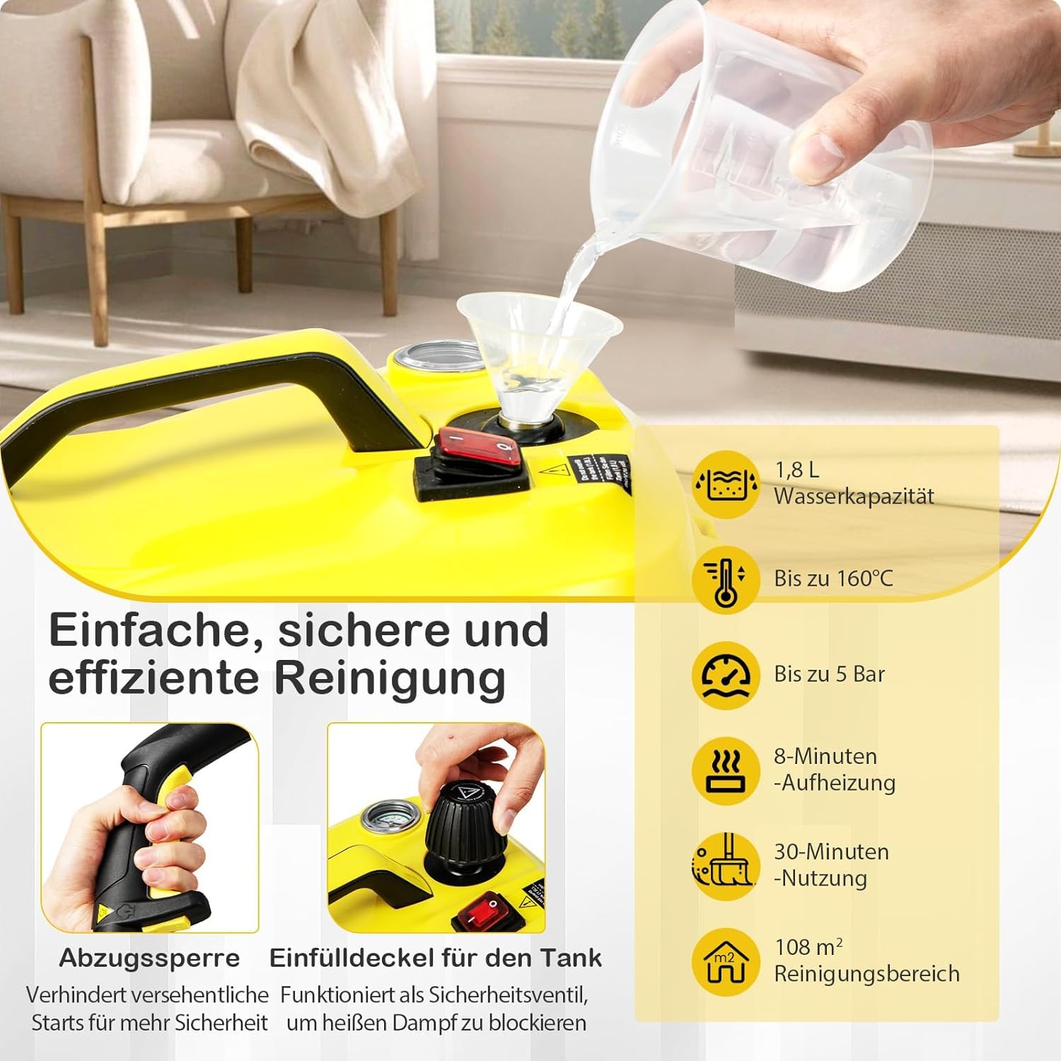RELAX4LIFE Limpiador a vapor 2000 W, presión de vapor: 5 bar, potencia de superficie: 108 m², depósito: 1,8 L, tiempo de calentamiento: 8 min, Steam Cleaner con kit de limpieza de suelos y boquillas