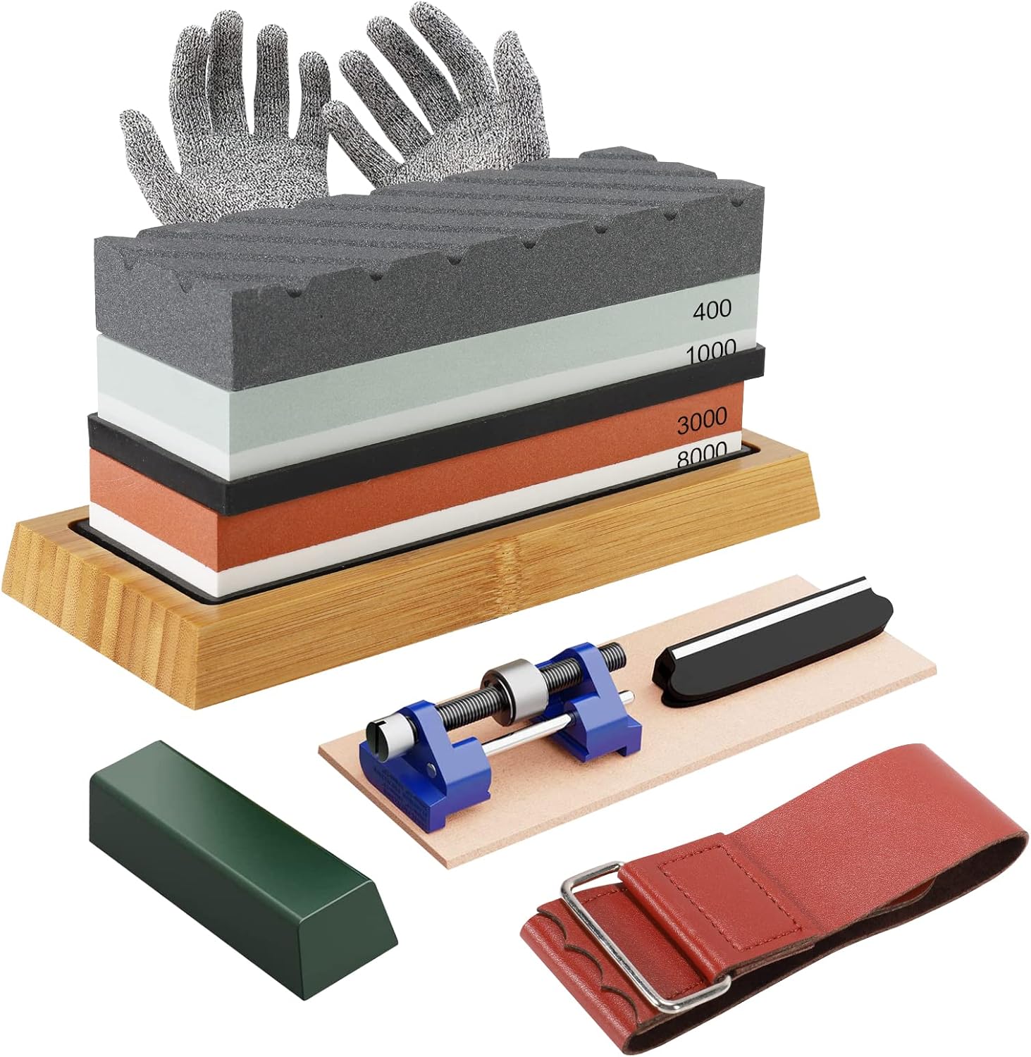 Knife Sharpening Stone Kit, 400/1000 + 3000/8000 Grit Professional Whetstone Sharpener Stone Set, Premium Sharpening Stone, with Angle Guide, Non-Slip Bamboo Base