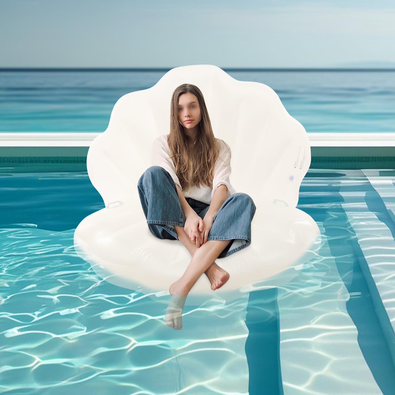 Galleggiante gonfiabile a forma di conchiglia, 120 x 120 x 120 cm, portata 100 kg, con palla di perle e maniglie, in PVC, per piscina, spiaggia, feste, extra spesso, bianco