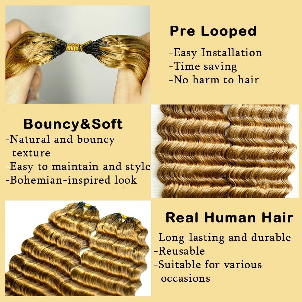Pre-Separated Feather Blonde Hair Extensions Fullness Deep Wave Curly Crochet Hair For Braiding Micro Twist Reusable Honey Blonde Feather Crochet Human Hair Bundles with Knotless Strings 120g 18inch
