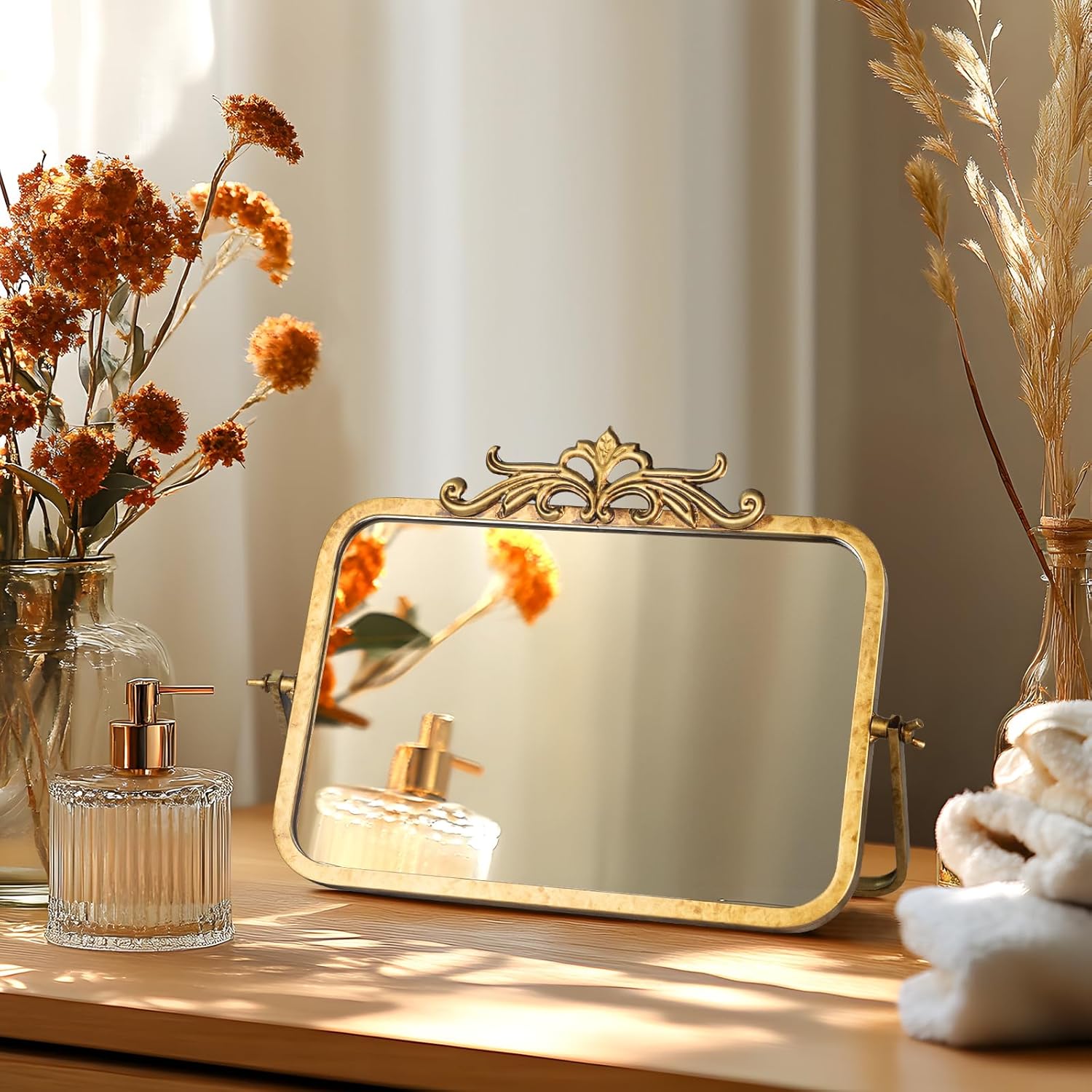 Vintage Makeup Desk Mirror, 7.9" L x 11.8" W Antique Gold Vanity Table Mirror, Metal Framed Rectangular Small Standing Mirrors, 360 Adjustable Rotation Mirrors for Tabletop, Bathroom