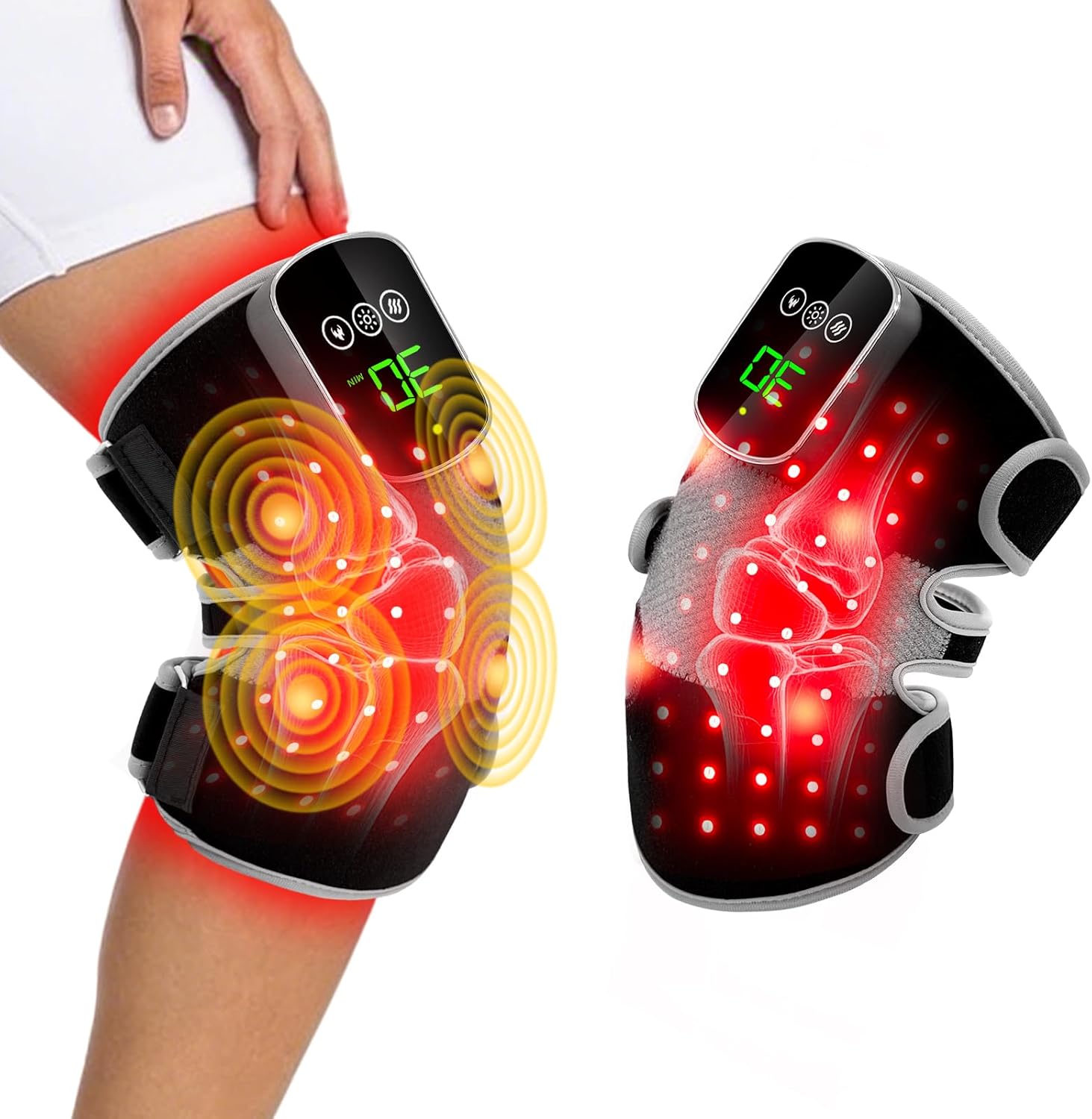 Knee Massager with Heat and Red Light Therapy,Infrared Light Therapy for Knee Pain, 4 Vibration Massage Areas, 5000mAh Rechargeable Heated Knee Brace for Body/Joint/Shoulder/Elbow, 660nm&850nm