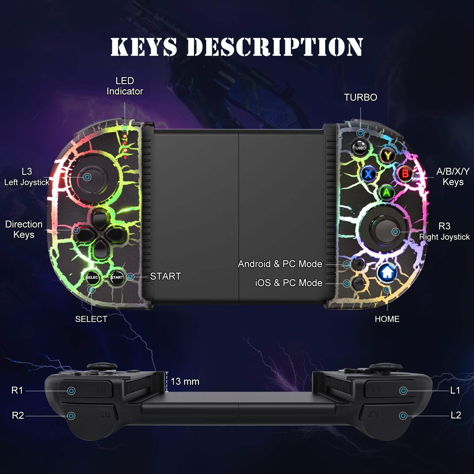 RGB Cracked Gaming Controller for iPhone Android PC iOS Wireless Gamepad Joystick for iPhone 16/15/14/13/12/X, iPad, Galaxy S23/S22/S21, TCL, LG, Tablet, Turbo, 18 Color LED, Call of duty, Direct Play 8
