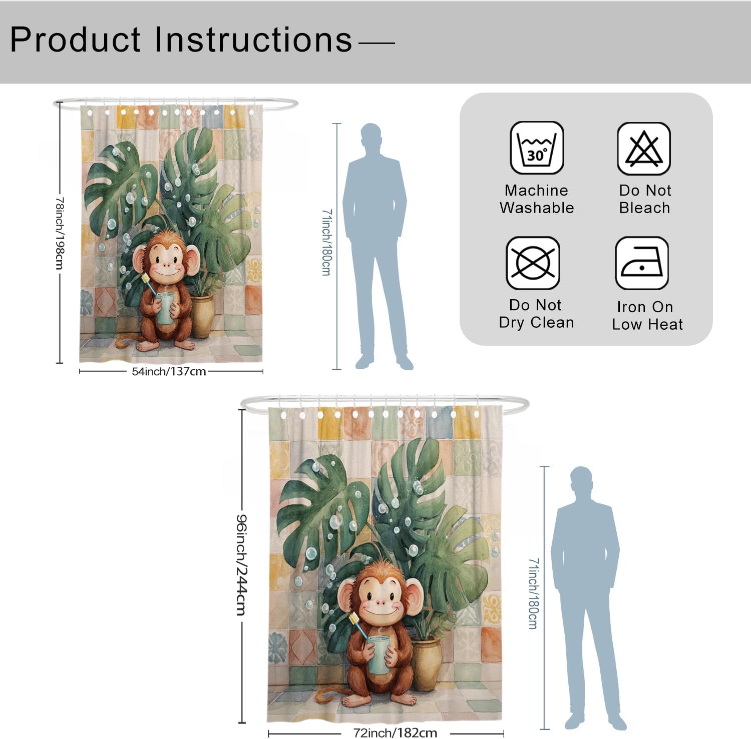 Cute Monkey Shower Curtain, Watercolor Green Brown Cartoon Bathroom Decor, Fun Kids Spring Summer Themed Waterproof Fabric Shower Curtain with Hooks 72x96 Inch