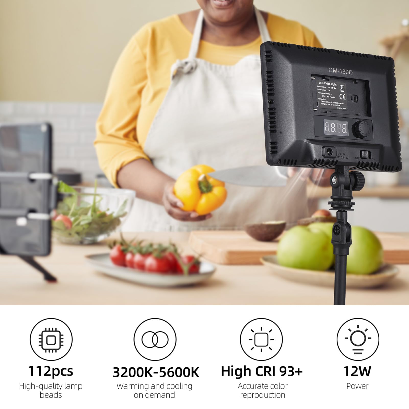 luce video a led HUIOP Mini lampada fotografica da 12 W Luce LED dimmerabile Luce Vlog portatile 1120 Perline LED Serie NP-F Alimentata a batteria 3200K-5600K Dimmerabile con supporto per slitta fredd