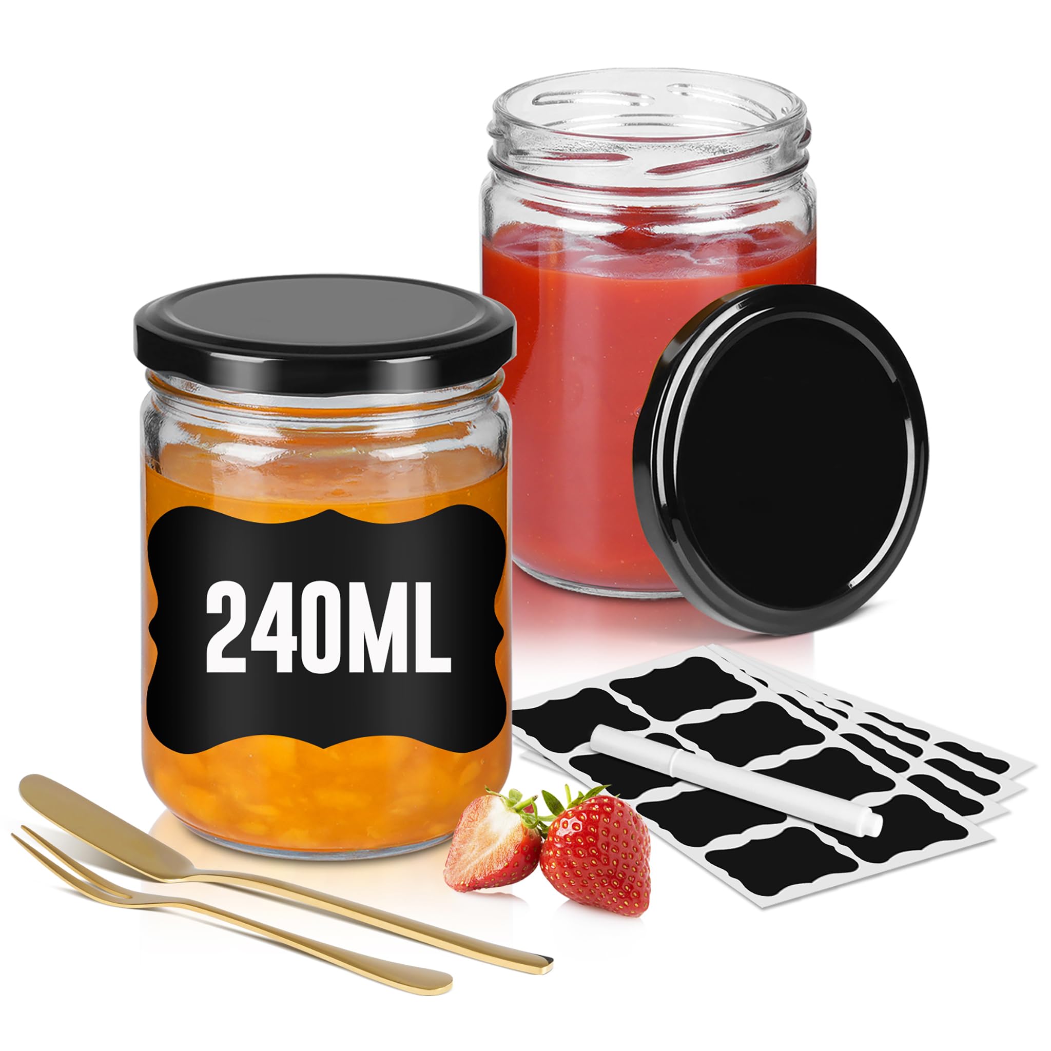 NAIZY Juego de 36 tarros de mermelada de 240 ml con tapa negra