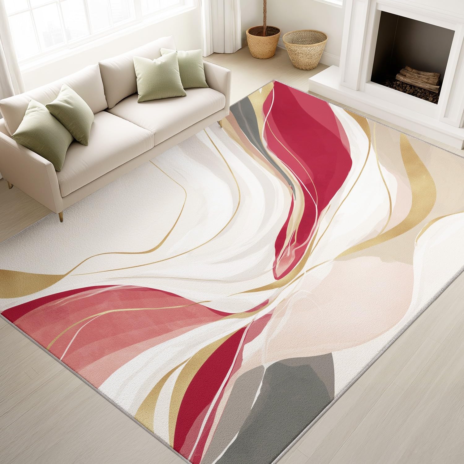 Generisch Abstrakt Marmorstruktur Teppich, Luxus Spirale Linie-Waschbarer Kurzflorteppich, Antirutschunterlage, Bodenteppich für Wohnzimmer Schlafzimmer Küche Esszimmer, 80 x 120 cm Beige