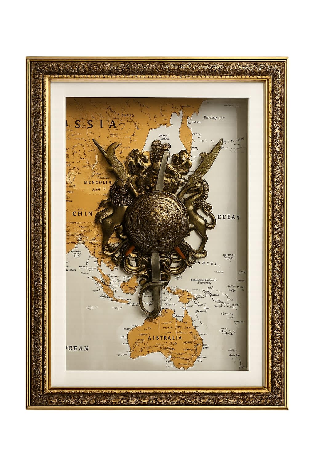 Vintage Shield & Sword Wall Art Frame with World Map Background | Antique Warrior Armor Decor | Wall Hanging for Living Room, Office & Study - Ornate Frame-image-48