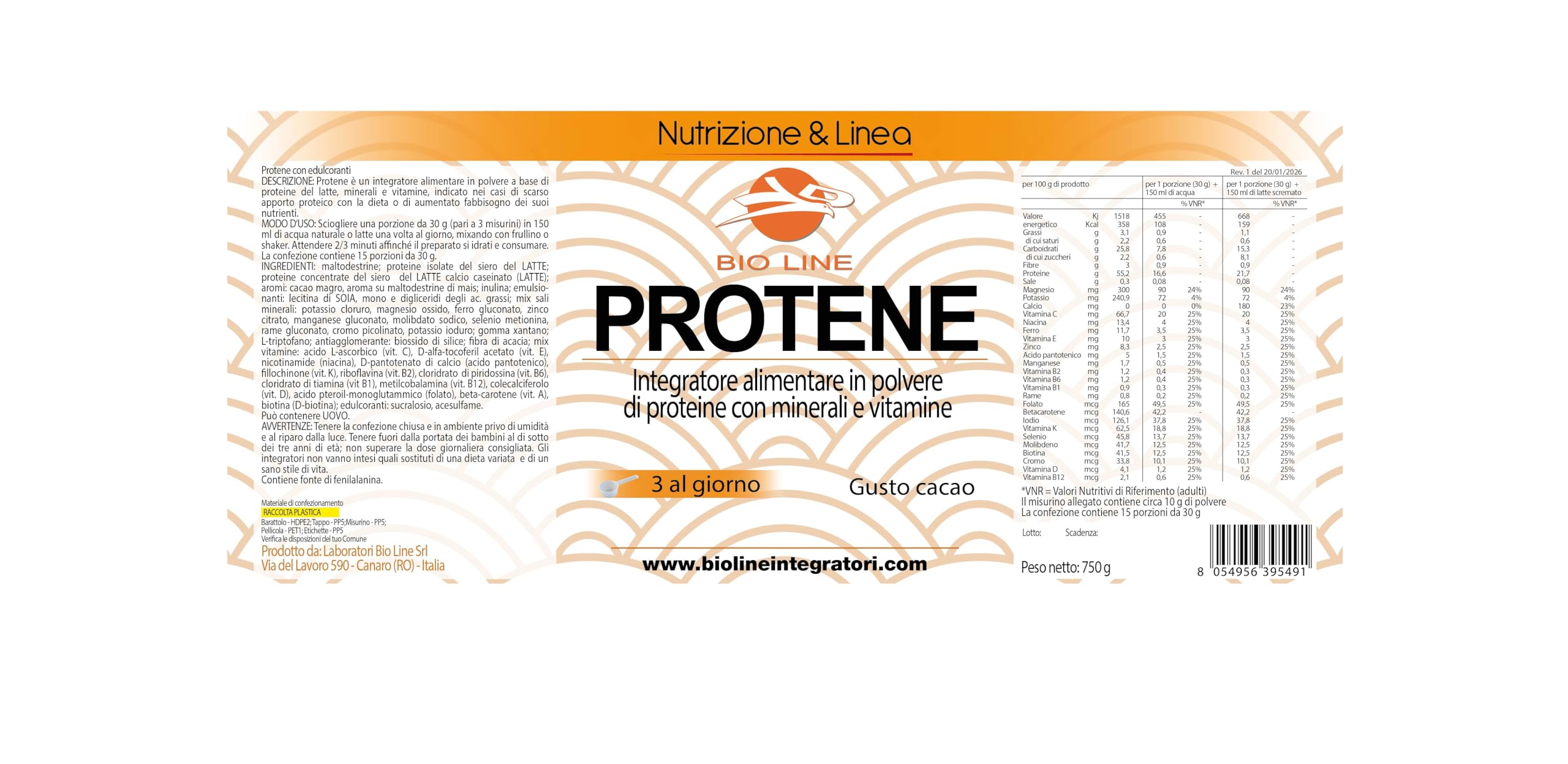 Laboratori Bio Line Protene - Mix Colazione Proteica a Base di Proteine in Polvere Isolate, Carboidrati, Vitamine e Minerali, Spuntino Sano e Gustoso per Adulti ed Anziani (750 gr (Polvere), Cacao)