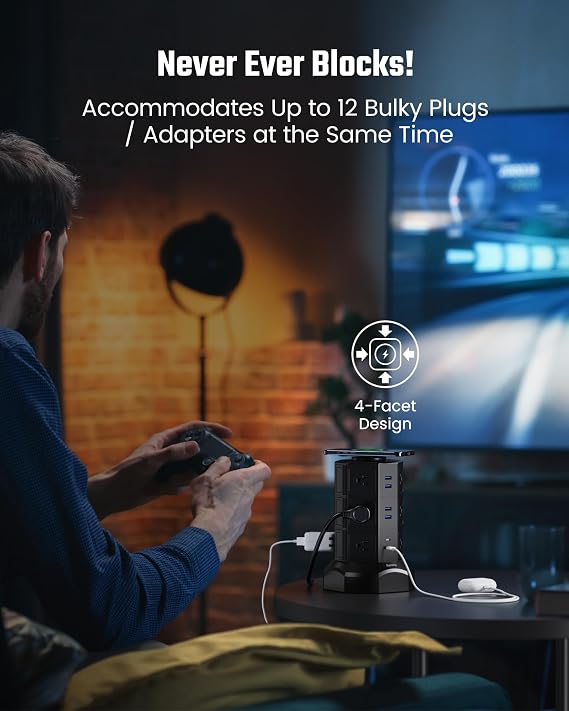 شريط طاقة برج مع شاحن لاسلكي 15 واط ، SUPERDANNY 1050J Surge Protector Tower 13A محطة شحن مع 12 منفذًا AC و 6 منافذ USB (2 USB C) ، 6.5 قدمًا سلك تمديد أسود لأساسيات Dorm