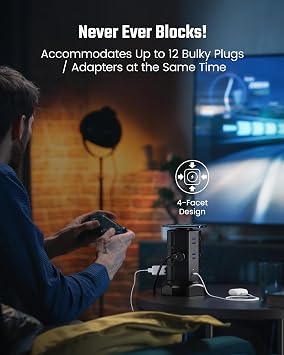 شريط طاقة برج مع شاحن لاسلكي 15 واط ، SUPERDANNY 1050J Surge Protector Tower 13A محطة شحن مع 12 منفذًا AC و 6 منافذ USB (2 USB C) ، 6.5 قدمًا سلك تمديد أسود لأساسيات Dorm