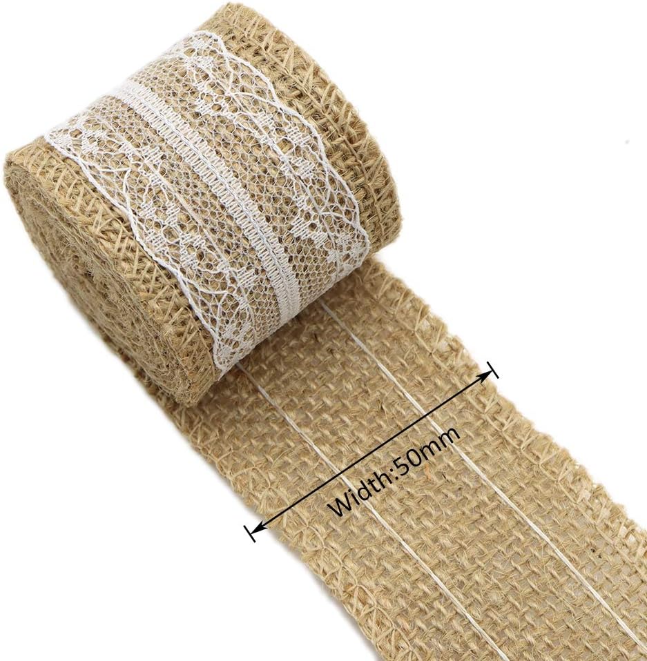 DAVID ACCESSORIES Burlap Ribbon Natural Fabric Ribbons Rolls White Lace Trimming Tape 12 Rolls for Arts Crafts DIY Wedding Home Decoration Gift Wra