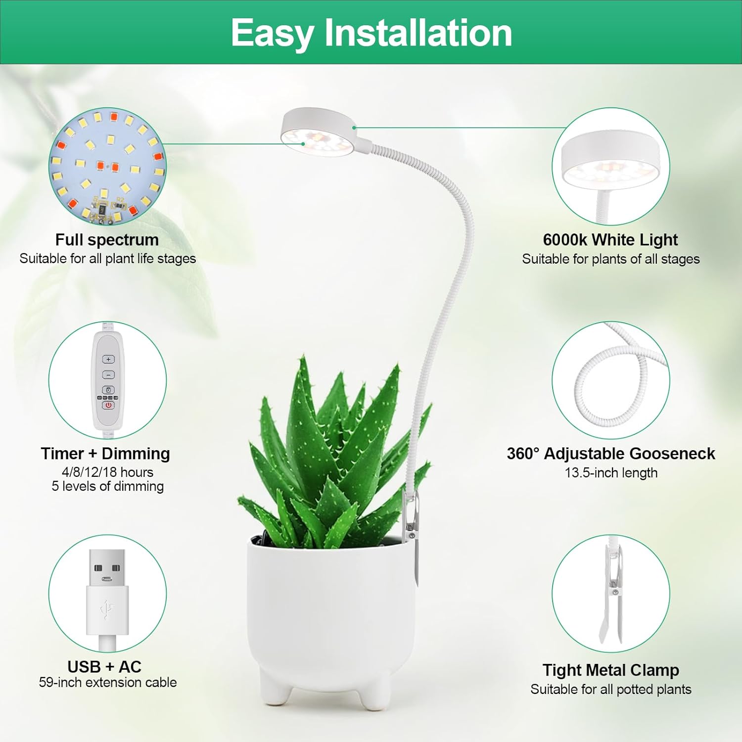 3 Pack Grow Lights, Pot Clip LED Growing Lamp for Indoor Succulents Pot Mini Small Plants,6000K White Full Spectrum with 5-Level Dimmable, Auto Timer 4/8/12/18 Hrs