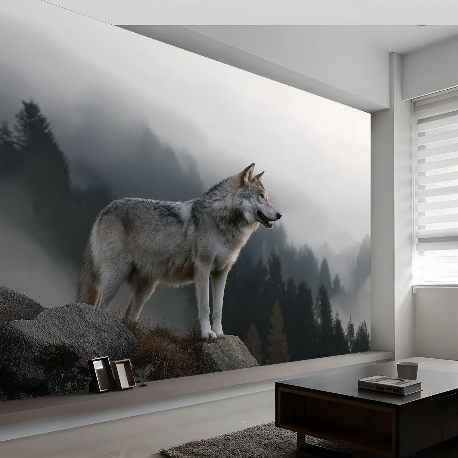 Fototapeta ze zwierzętami, wilkami, 500 x 280 cm, efekt 3D, obraz ścienny, tapeta ścienna, nowoczesna tapeta ścienna, do salonu, pokoju dziecięcego, sypialni, tło TV, dekoracja ścienna, szara