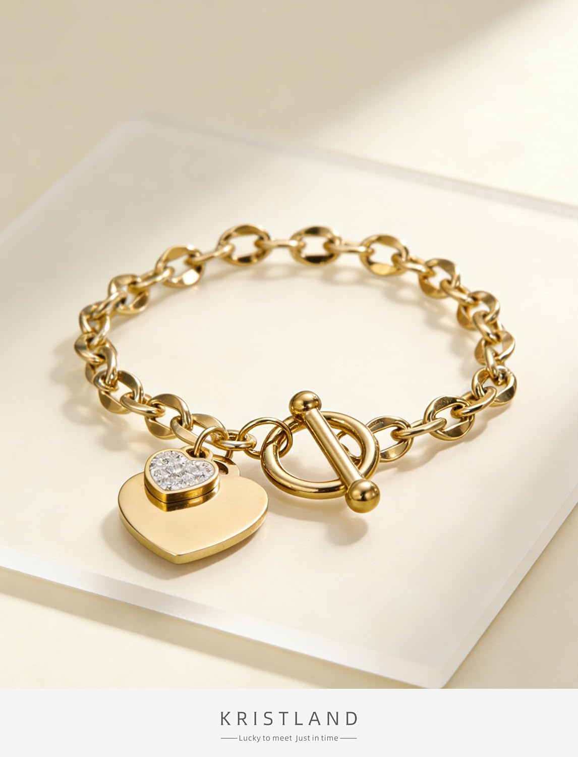 Women's Toggle Charm Bracelet, Dainty 18k Gold Plated Heart Bracelet Link Hand Chain Birthday Gift for Friends Friend - Image 7