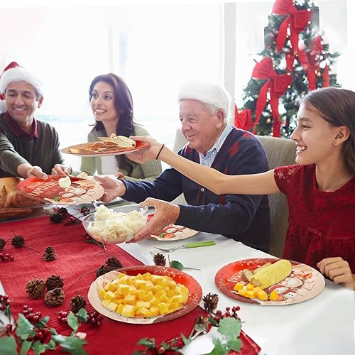 Miniatura 7 de Juego de vajilla de 169 piezas para fiesta de Navidad, suministros de fiesta temática de Papá Noel y muñeco de nieve, platos de mantel de Feliz