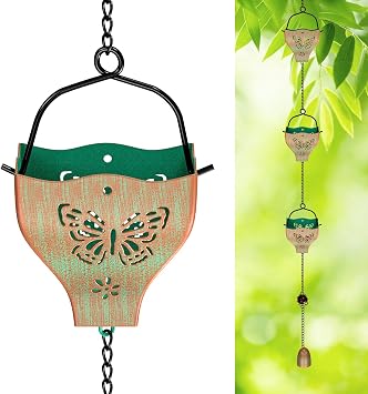 7.8ft Rain Chains for Outside, 8 Cups Copper Plated Lotus Rain Chain Cups, Adjustable Rain Catcher Chain with Bell for Eaves Drainage, Replacement for Downspout Butterfly+Retro Green
