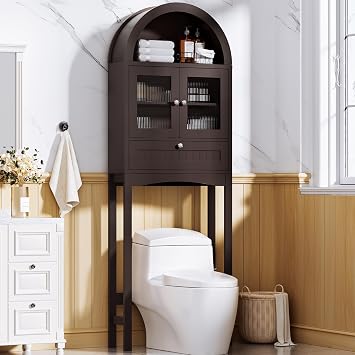 AHB Over The Toilet Storage Cabinet, Freestanding Bathroom Organizer with Glass Doors and Anti-Tip Device, Arched Cabinet with Doors, Space-Saving Toilet Storage for Bathroom, Laundry, Mini Bar