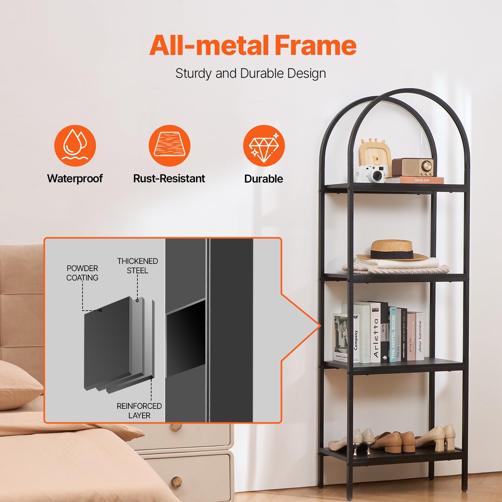 VEVOR Libreria in Metallo ad Arco Mobiletto Organizzatore da Casa Ufficio, Scaffale Portaoggetti Libri Riviste Forma ad Arco 4 Livelli, Scaffale con Ripiani Aperti, Scaffale Espositore Indipendente