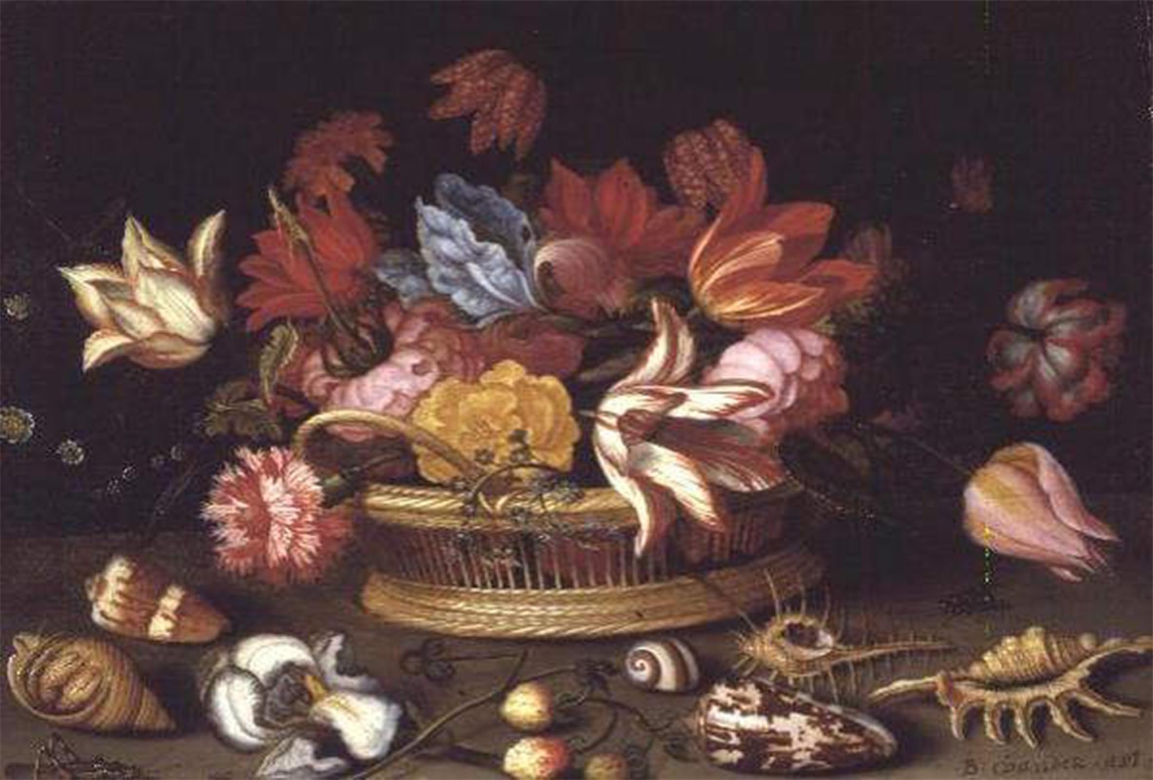 SERENDIPITP Vintage Picture Print on Canvas Wall Art Poster a Basket of Flowers with Shells on a Ledge by Balthasar Van Der Ast Artwork Print Poster for Wall Decor 60x90cm