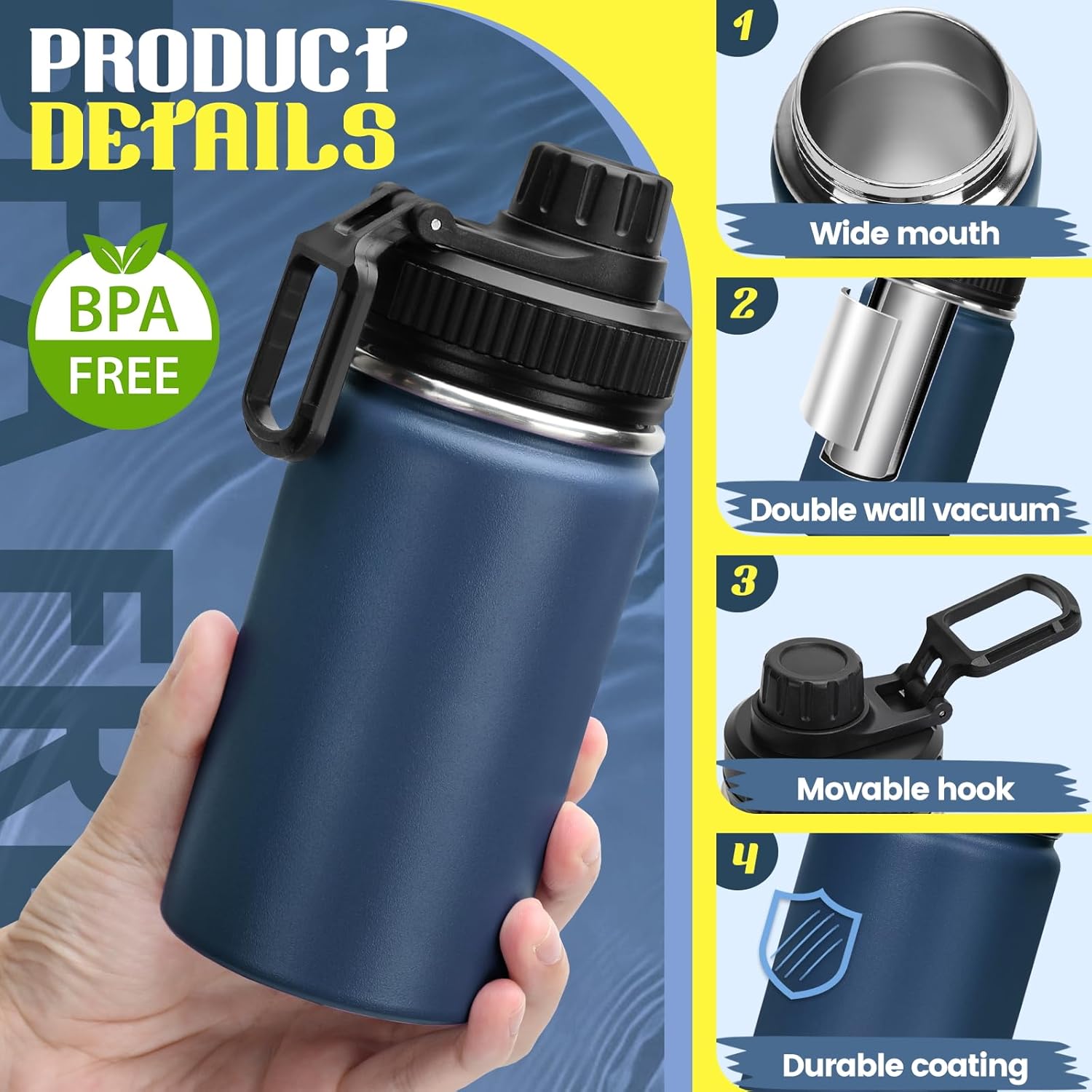 12 oz Water Bottle,Small Insulated Water Bottle, Stainless Steel Small, Leak Proof with Chug Lid, Wide Mouth BPA Free Double Wall Vacuum (Navy Blue) - Image 3