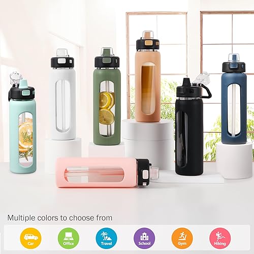 Miniatura 7 de Kodrine Botella de agua con popote y asa de transporte, botella de agua de vidrio de 24 onzas con tapa de bloqueo a prueba de fugas con boquilla de